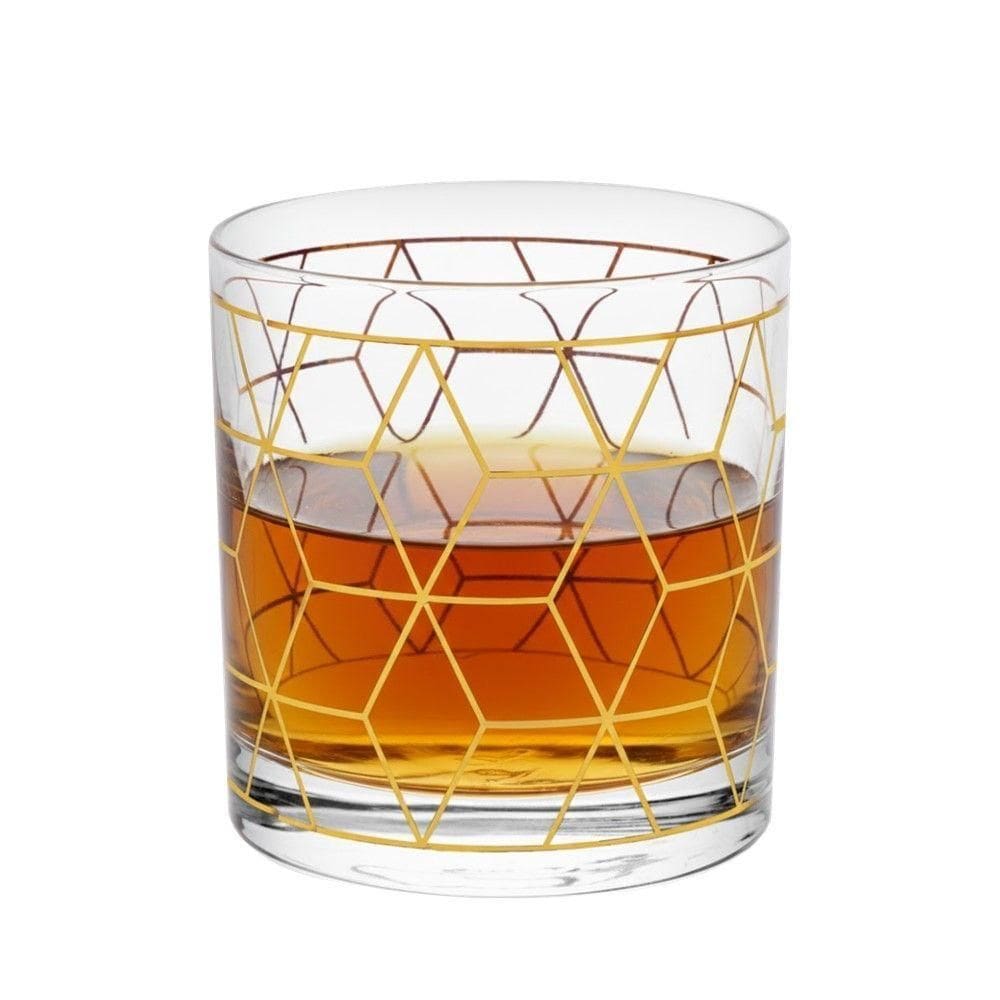 Copo De Whisky Vidro Baixo Para Drink Whiskey Uisque Detalhe Dourado Cube 320ml Wolff