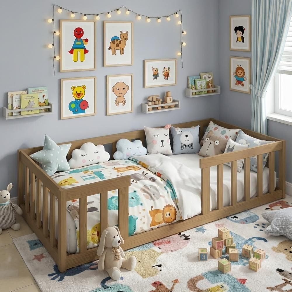 Cama Montessoriana Solteiro Com Grades De Proteção Nogueira Nogueira