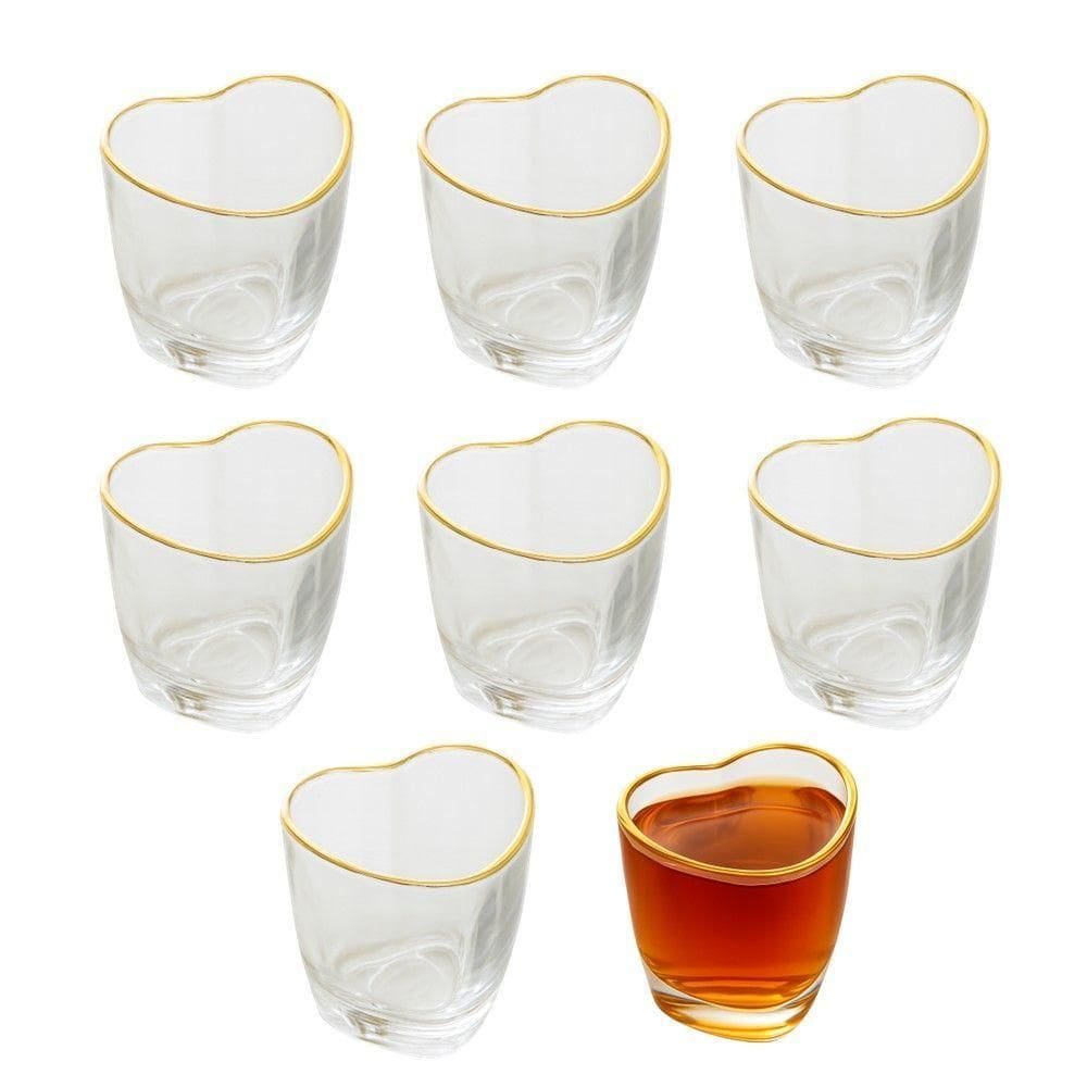 Jogo 8 Copo Para Shot De Vidro Dose Degustação Coração Com Borda Dourada 50ml Lyor