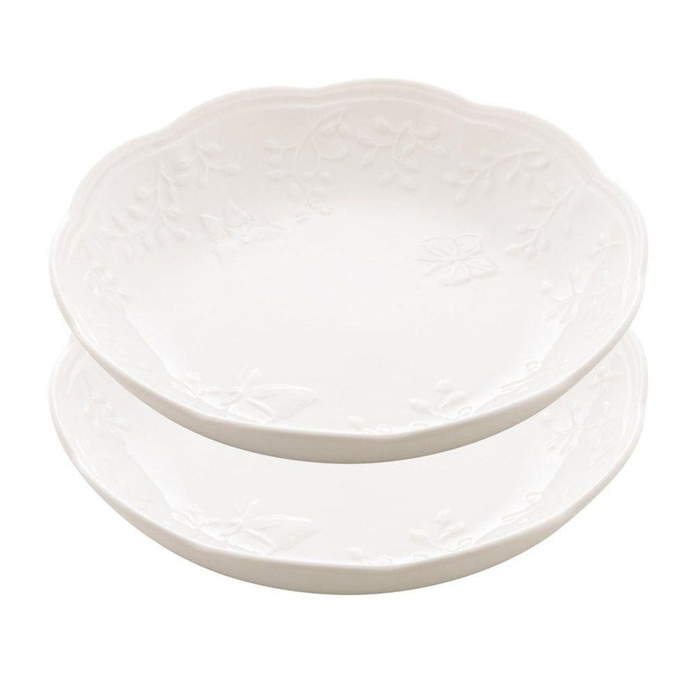 Jogo 2 Prato Fundo Branco De Porcelana New Bone Butterfly Flower Flores 21cm Lyor