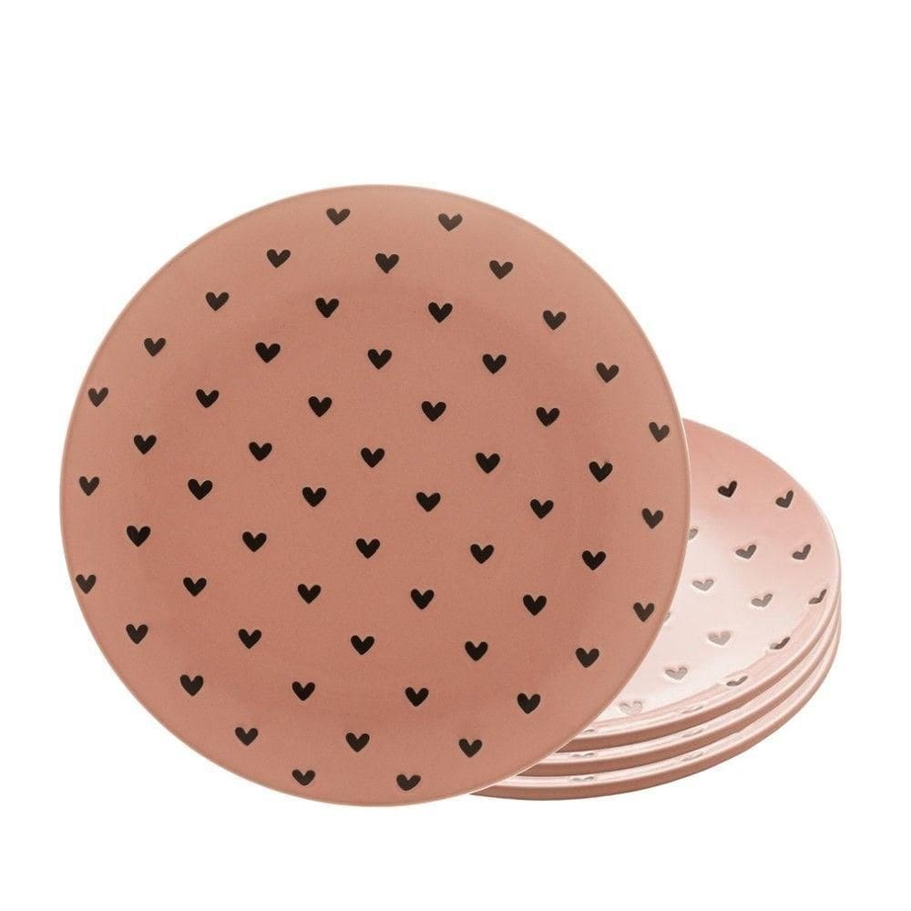 Jogo 4 Pratos De Sobremesa Em Cerâmica Coração Rosa Wolff 19,5cm