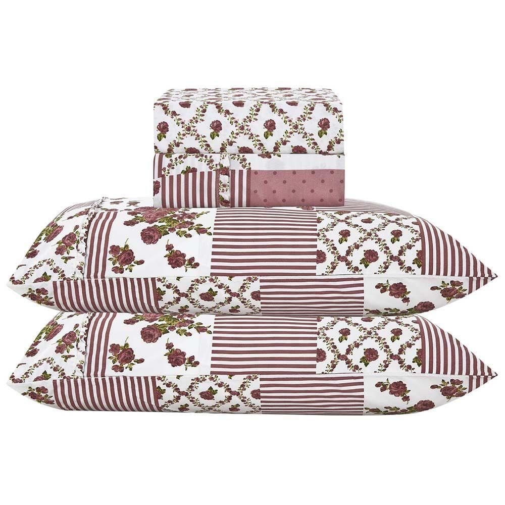 Jogo Lençol Lislie Casal 4 Peças Micropercal 300 Fios Estampado Floral Patchwork Malva 100%Poliéster