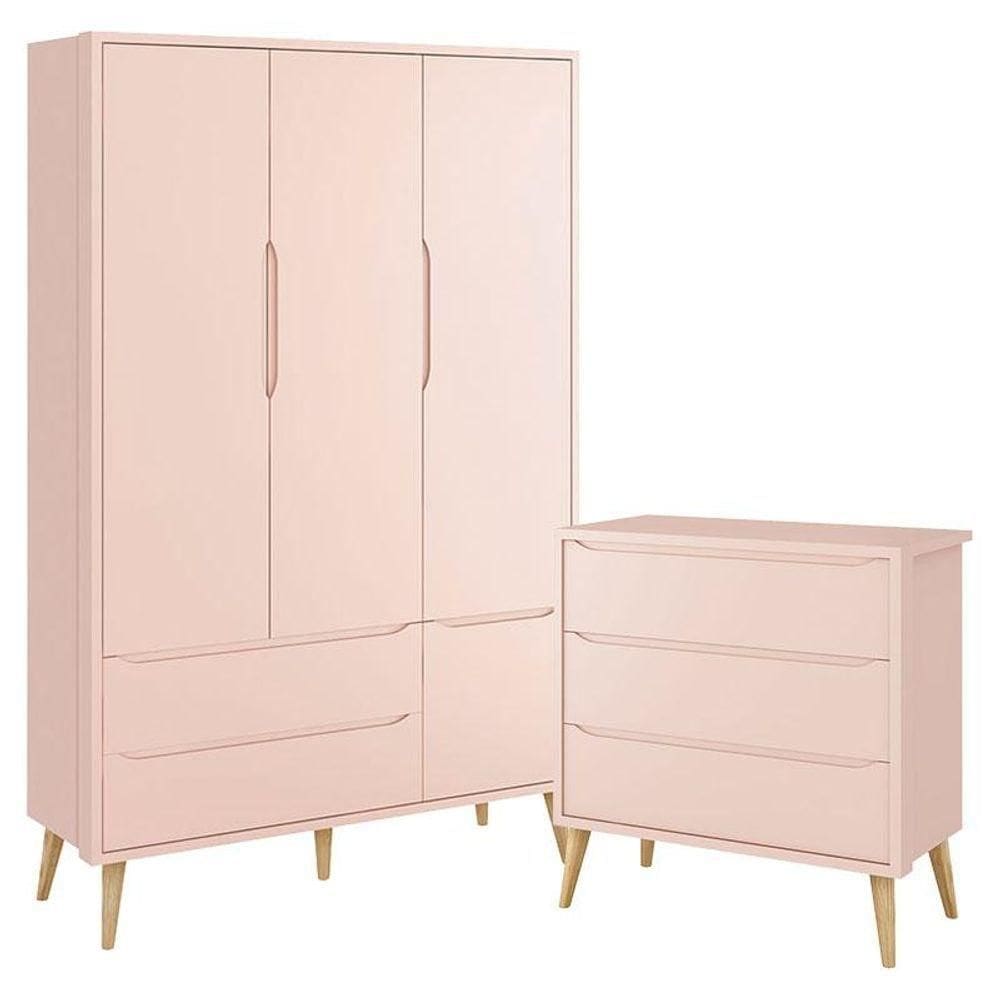 Cômoda Infantil Gaveteiro E Guarda Roupa 3 Portas Theo Rosa Com Pés Madeira Natural - Reller