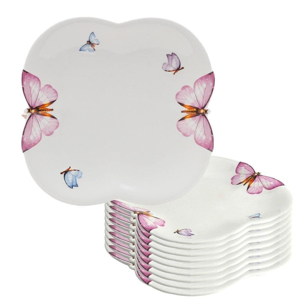 Jogo 10 Prato De Sobremesa Borboletas 19cm Porcelana Branco Wolff