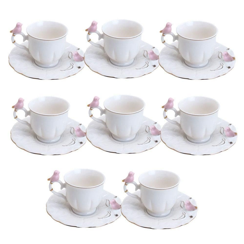 Jogo 8 Xícara De Café Porcelana Rosa E Branca Birds Pássaro Com Pires 100ml Wolff