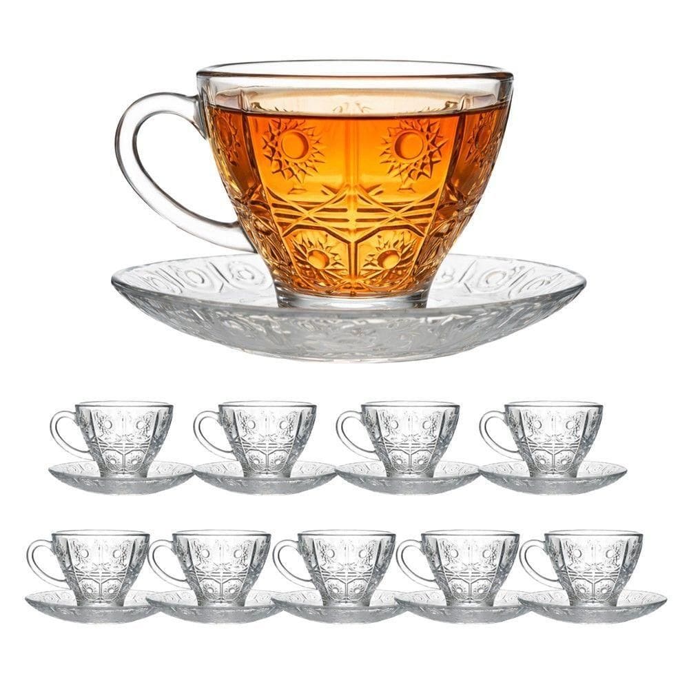 Jogo 10 Xícara De Chá Vidro Transparente Com Pires Bohemia Café Relevo 220ml Em Casa Tem