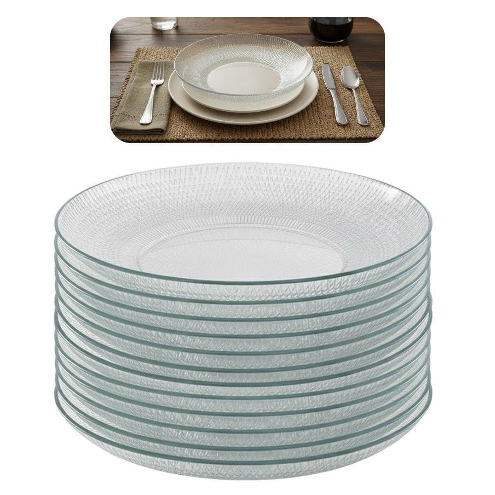 Jogo 12 Prato Fundo De Vidro Gema Plus Transparente 22,5cm Class Home