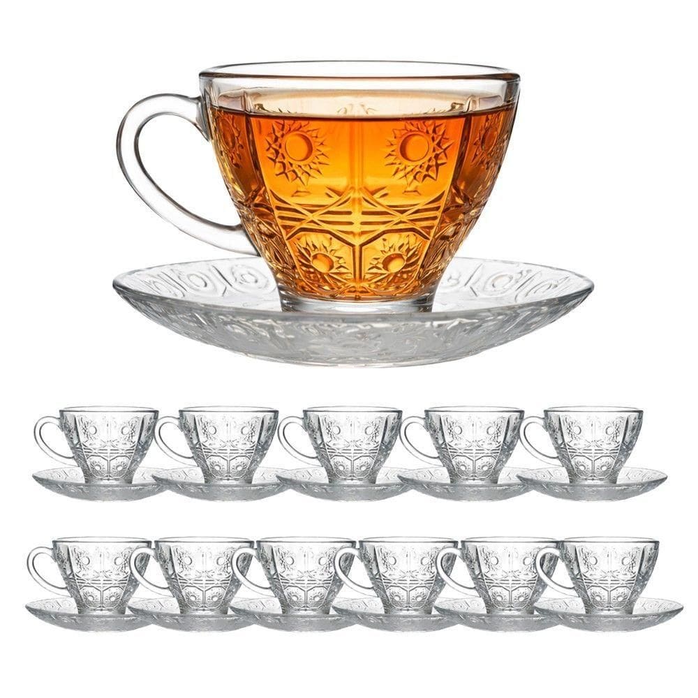 Jogo 12 Xícara De Chá Vidro Transparente Com Pires Bohemia Café Relevo 220ml Em Casa Tem