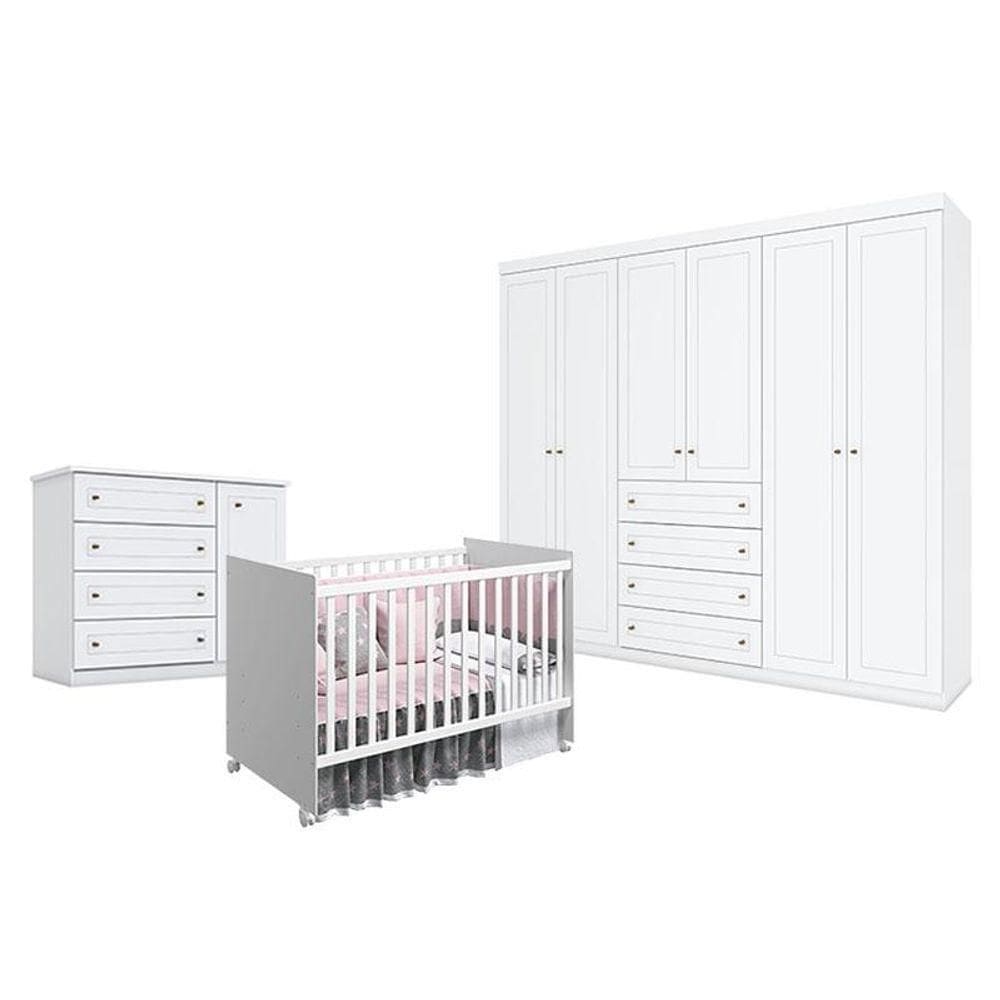 Quarto De Bebê Americano 6 Portas ComBerço Nacional Mel Branco Acetinado - Reller- Henn