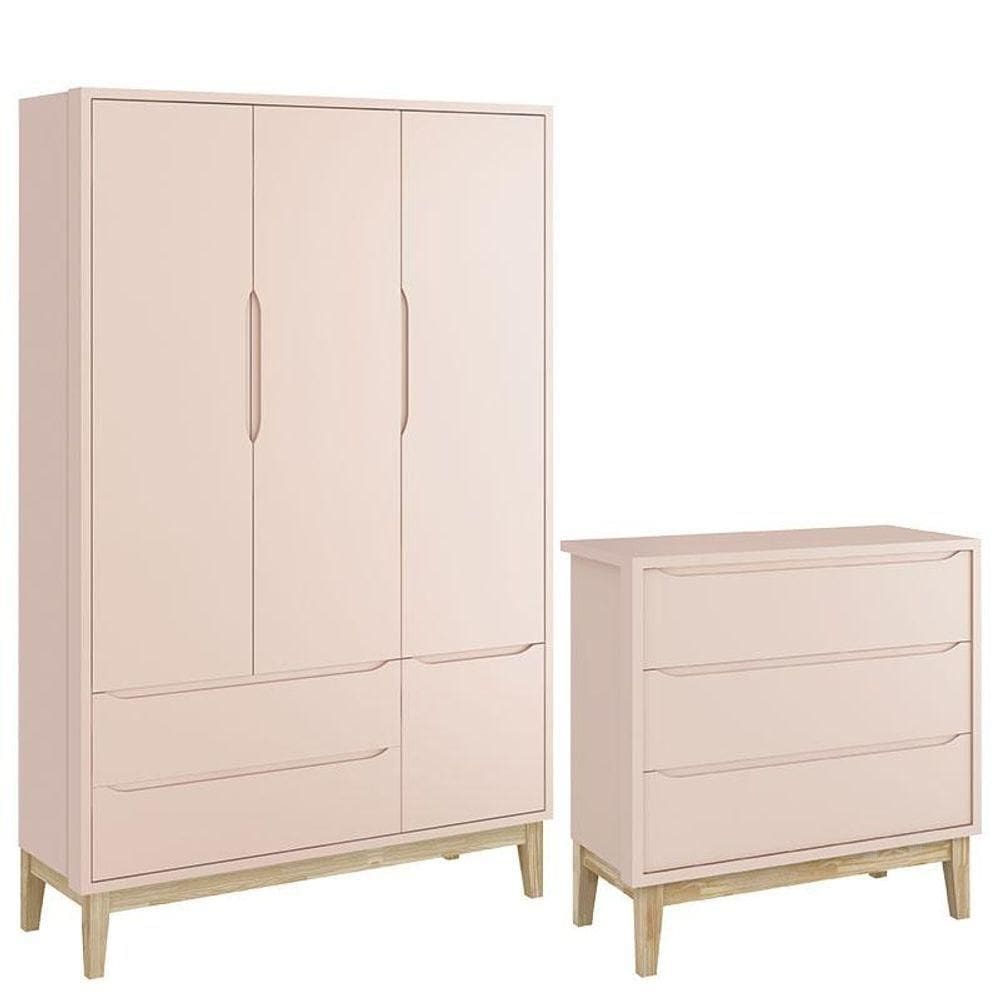 Cômoda Gaveteiro E Guarda Roupa Infantil 3 Portas New Classic Rosa Com Pés Madeira Natural - Reller