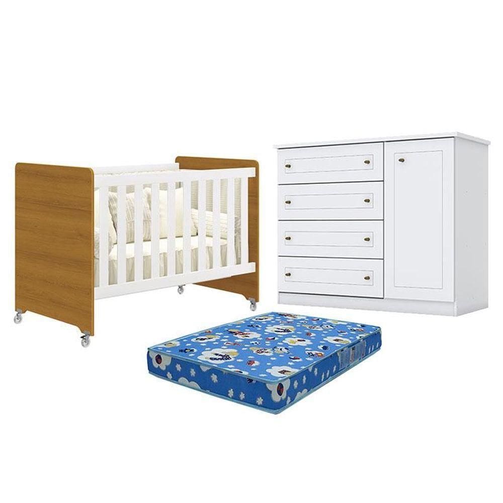 Berço Americano Evolution 4 Em 1 Branco   Savana Reller Cômoda Americano Branco Colchão Ortobom Henn