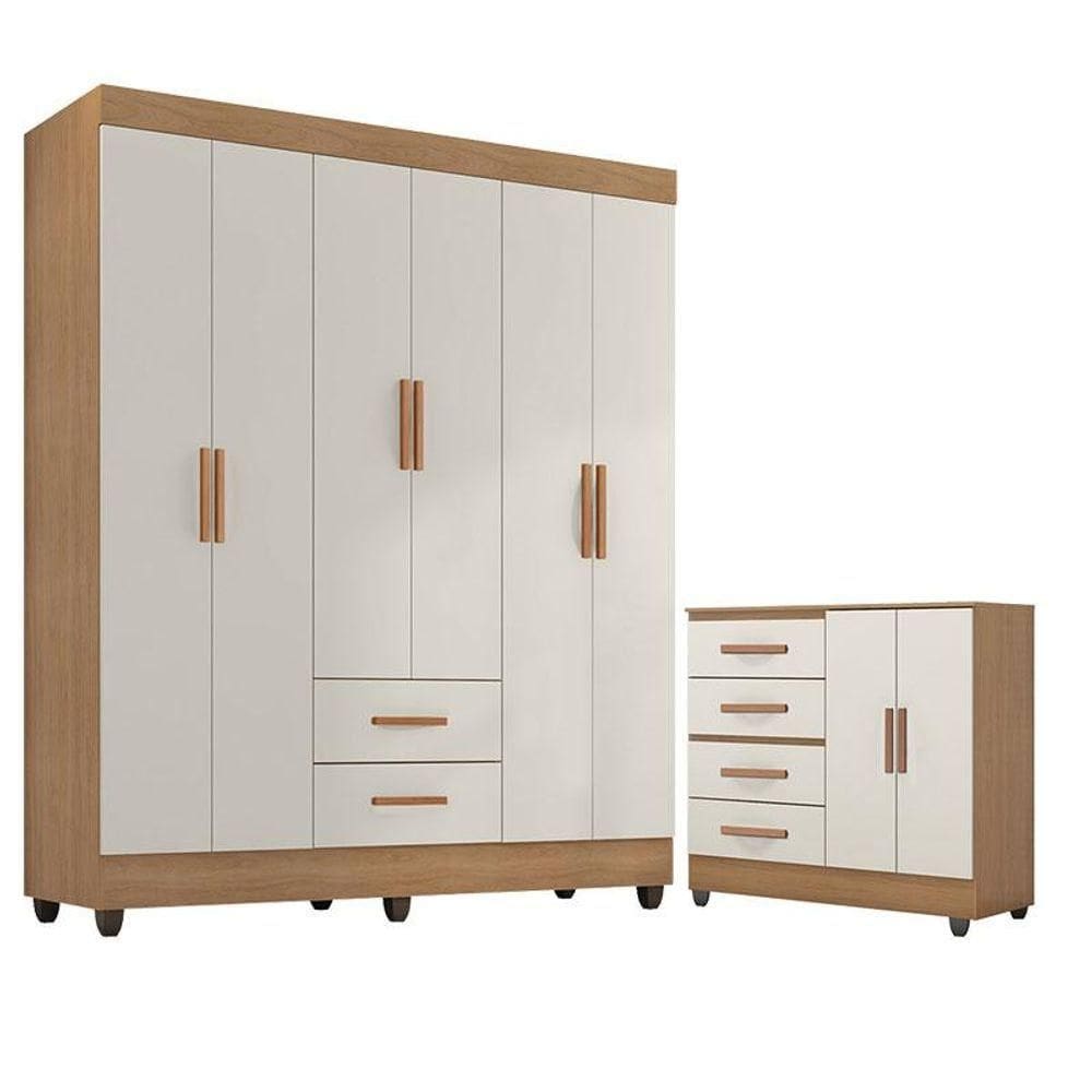 Guarda Roupa Casal 6 Portas E Cômoda 4 Gavetas 2 Portas Lite Nature Off White - Móveis Leão