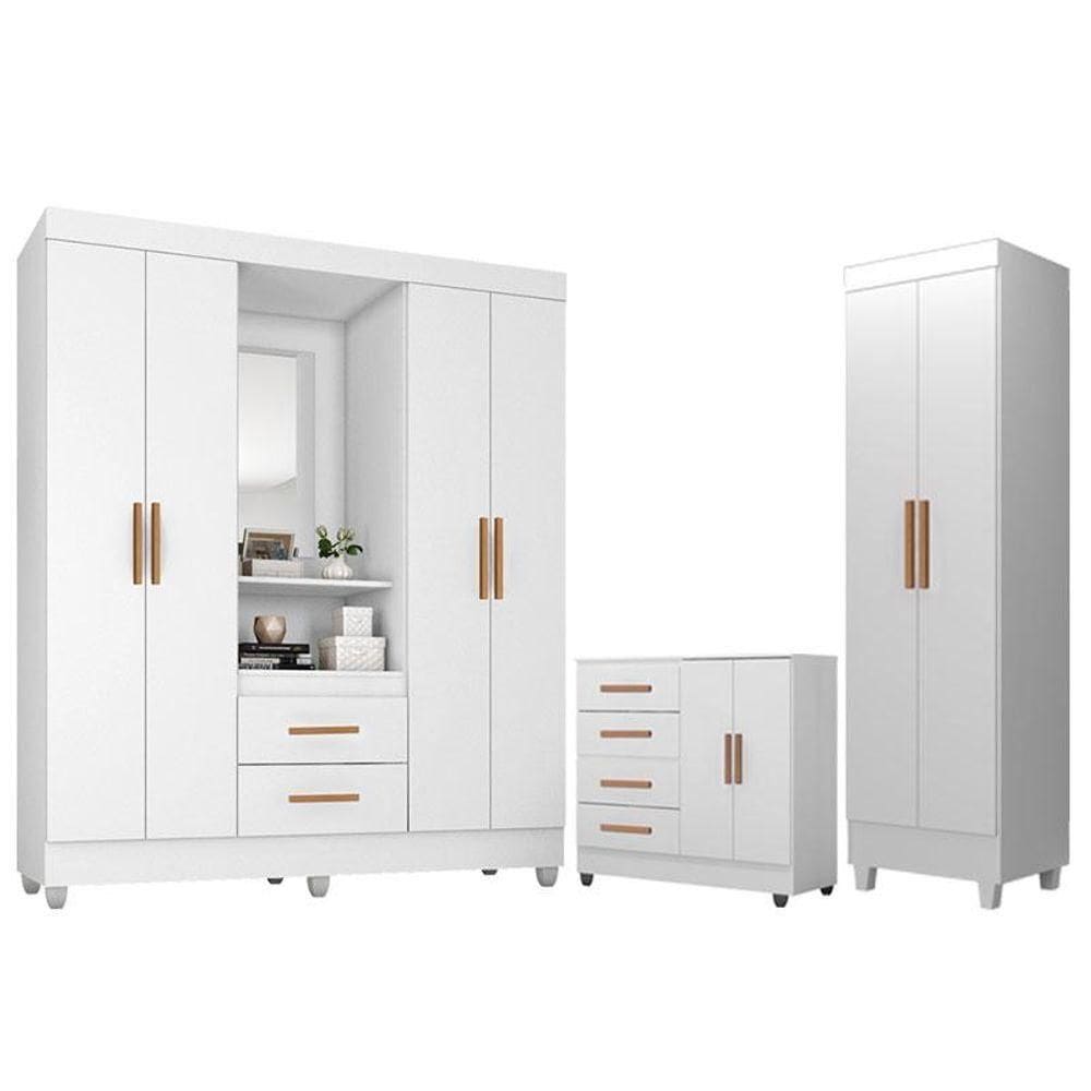 Guarda Roupa Casal Capela Cômoda 4 Gavetas 2 Porta EArmário Multiuso Lite Branco Brilho Móveis Leão