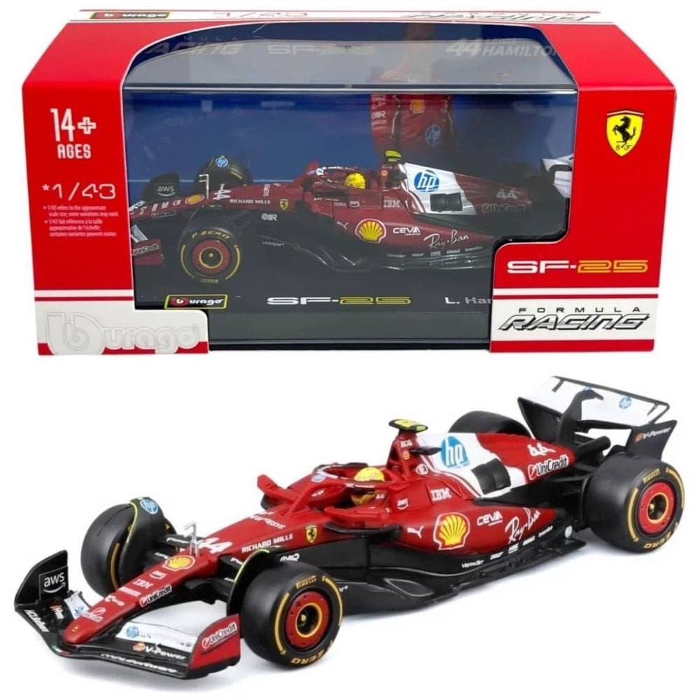 Miniatura Bburago Ferrari SFR Team Race Car SF-25 F1 2025 Lewis Hamilton 44 1/43 c/ Piloto
