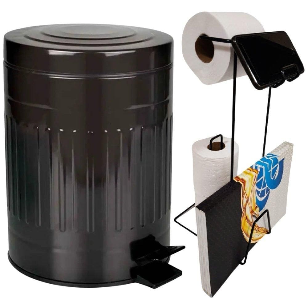 Lixeira Retrô Preta 5 Litros MOR com Suporte para Papel Higiênico 3 Rolos EVALD
