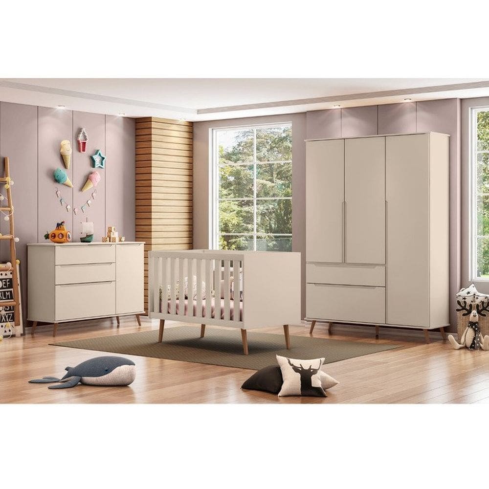 Conjunto de Bebê com 1 Guarda-roupa, 1 Cômoda Melinda e 1 Berço Ayla em Mdf Off White