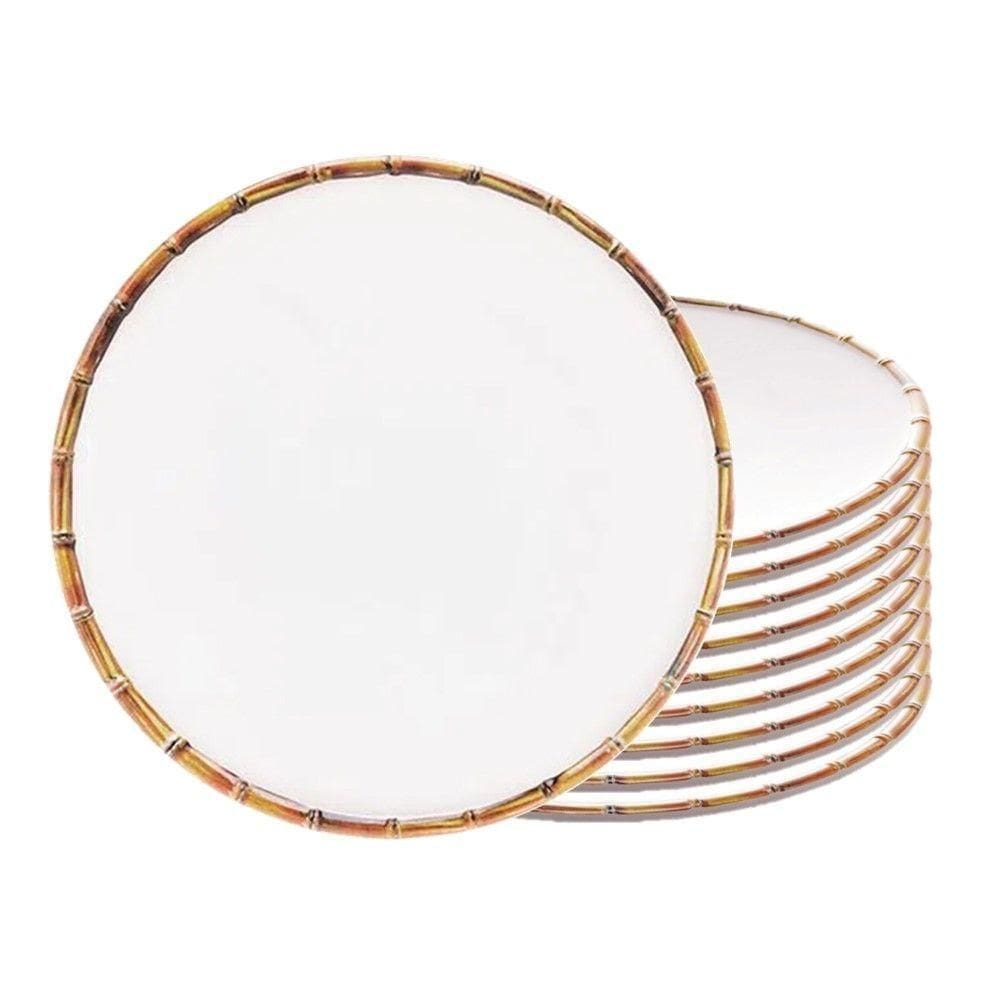 Jogo 10 Prato Sobremesa Borda De Bambu Melamina Branco 22cm Wolff