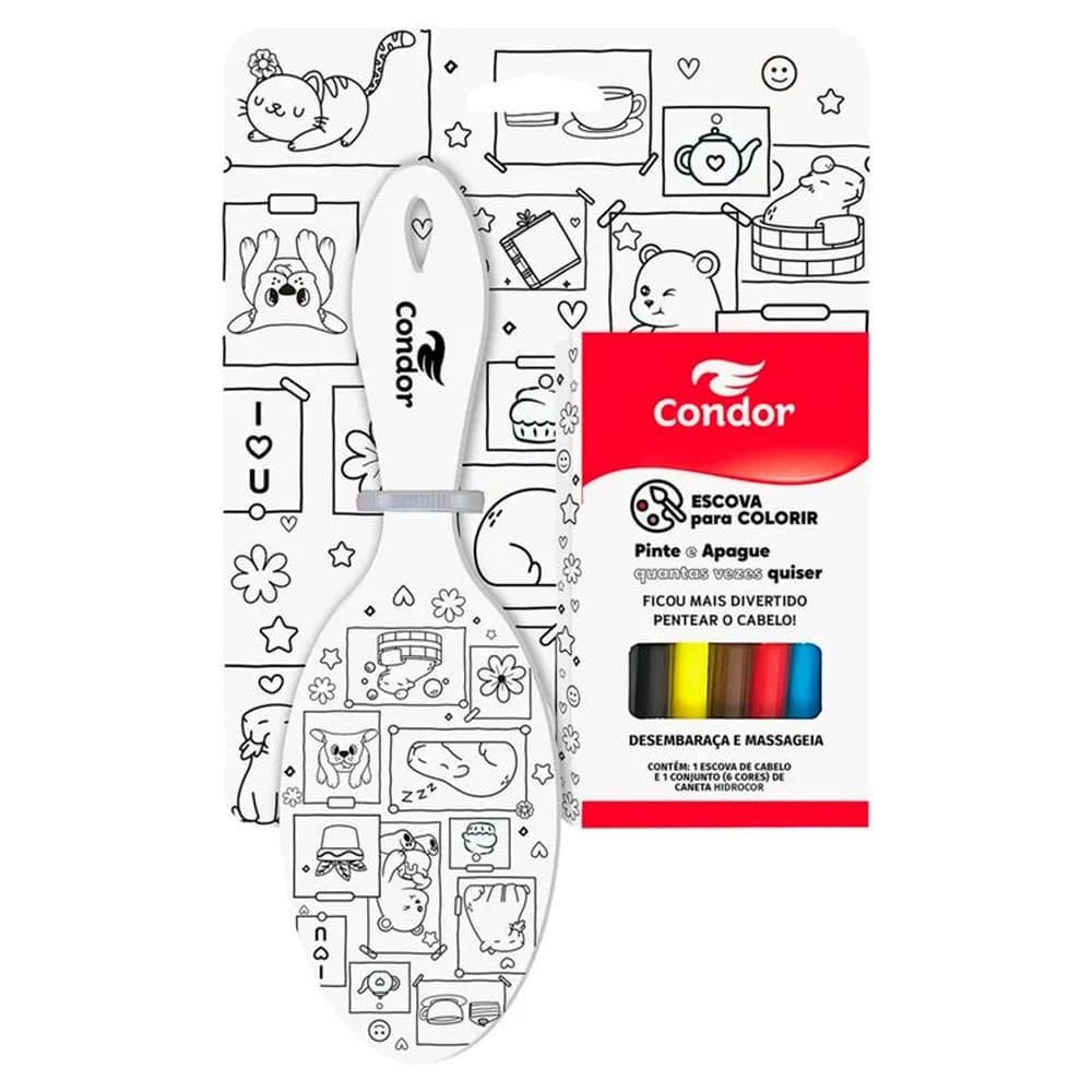 Kit Escova para Cabelo Condor Oval + 6 Canetas Hidrocor para Colorir
