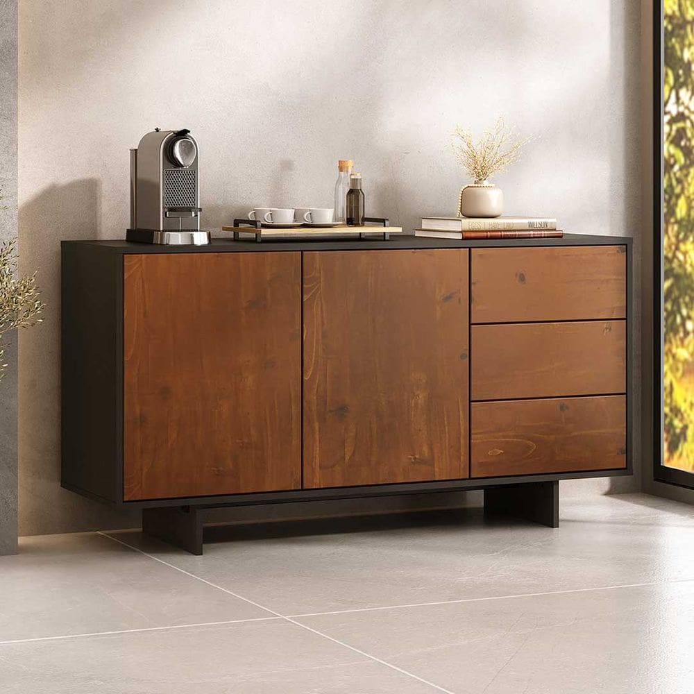 Balcão Buffet Alto Aparador Compacto Madeira 135 cm 2 Portas Castanho Preto Arto