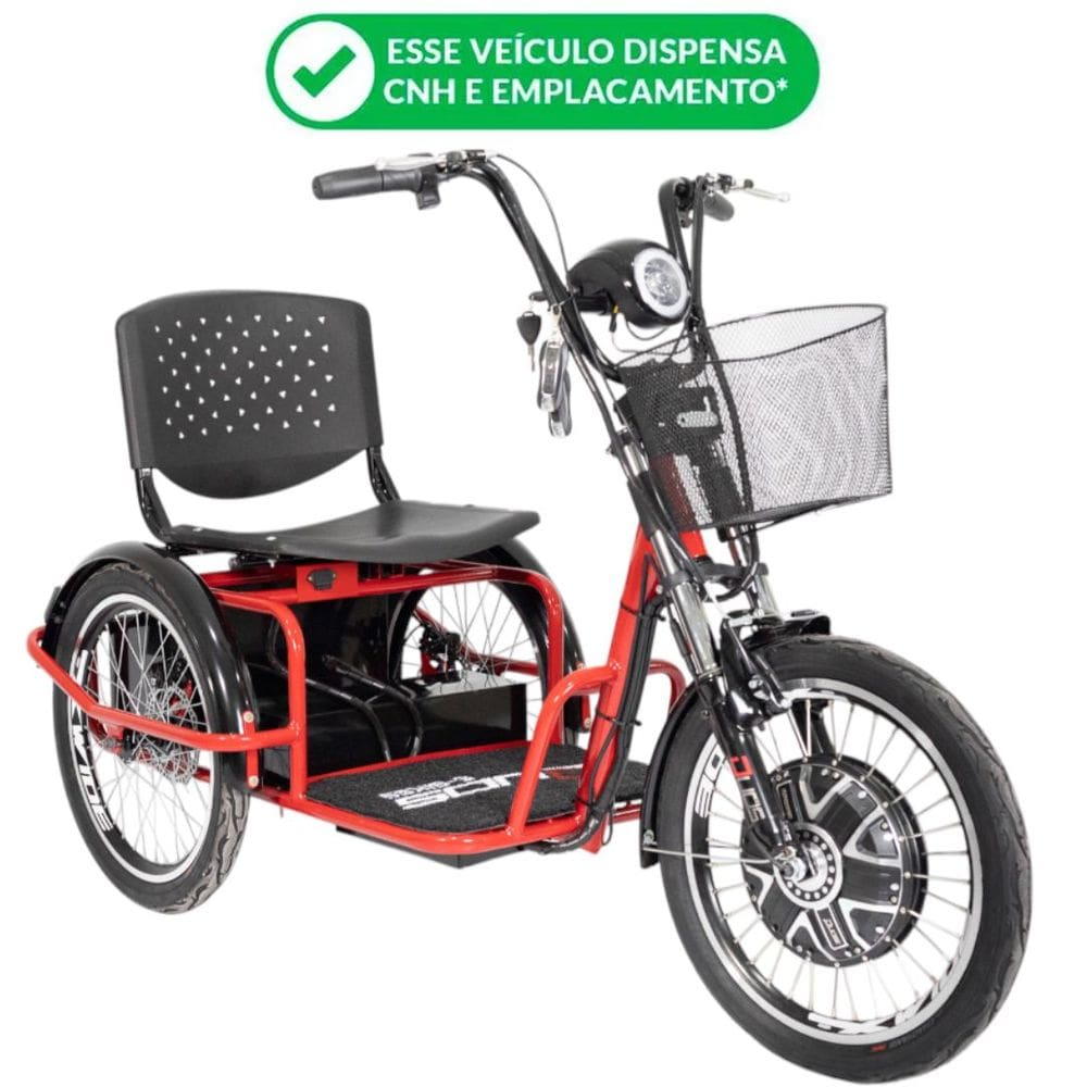 Triciclo Elétrico Kit 800W Ré Farol Retrovisor Alarme Fox Vermelho - Não precisa de CNH