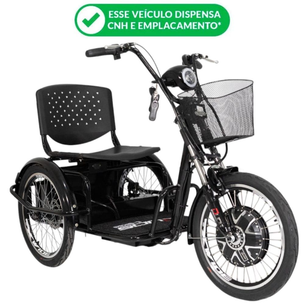 Triciclo Elétrico Kit 800W Ré Farol Alarme Retrovisor Fox Preto - Não precisa de CNH