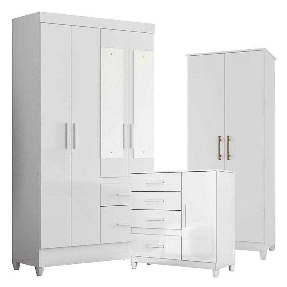 Guarda Roupa com Espelho Infantil Sobral com Cômoda Vênus com pés e Multiuso Jade Branco Brilho – Moval