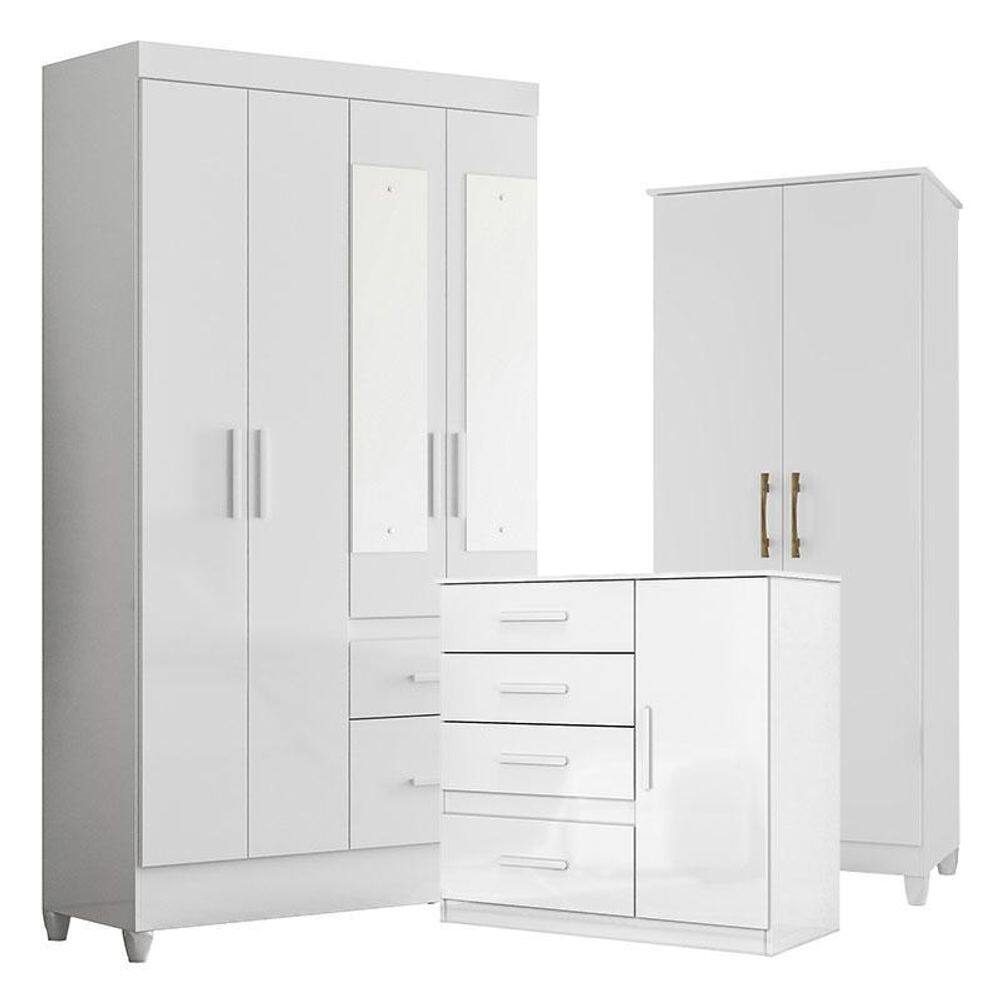 Guarda Roupa com Espelho Infantil Sobral com Cômoda Vênus e Armário Multiuso Jade Branco Brilho – Moval