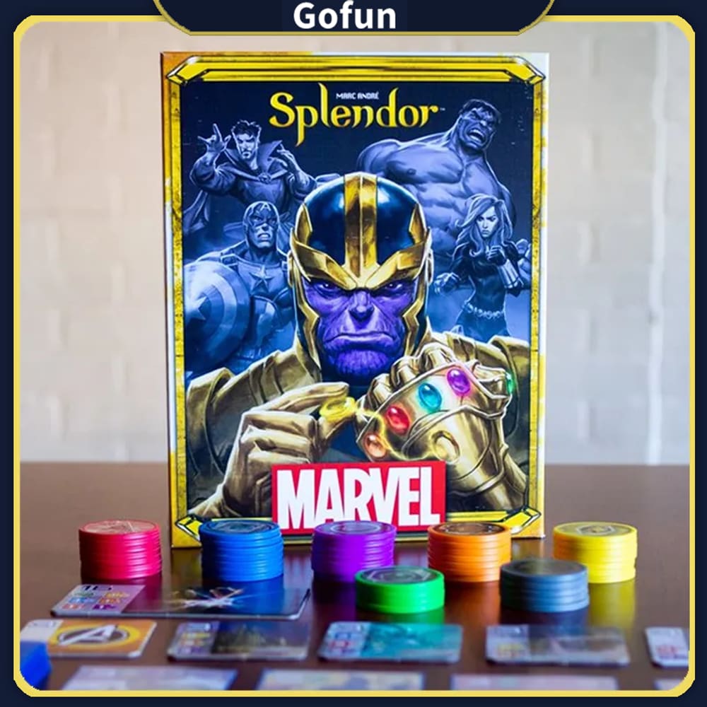 Jogo de tabuleiro Splendor Marvel Family Party com Thanos e Vingadores