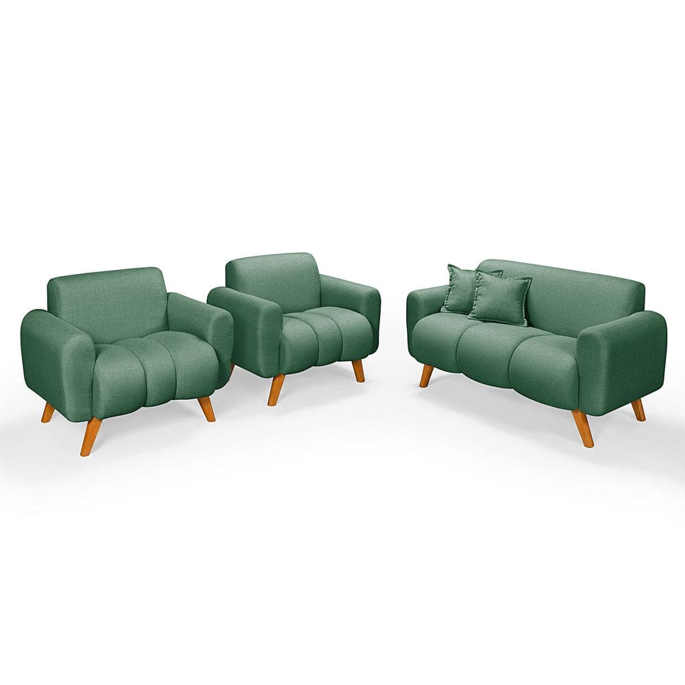 Conjunto Dallas Namoradeira com Duas poltronas Em Linho Pes em Madeira