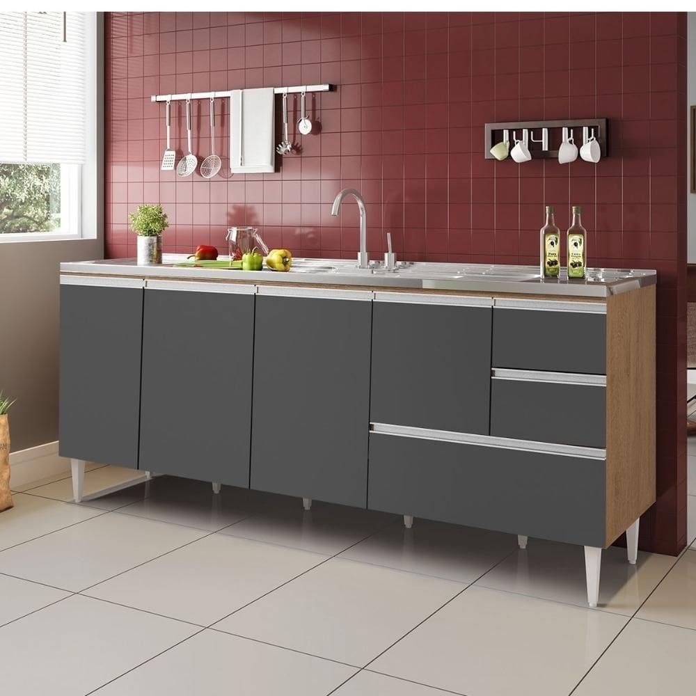 Balcão Maceió Para Pia 2,00 Mt 4 Portas Com Gavetão Amêndoa Grafite