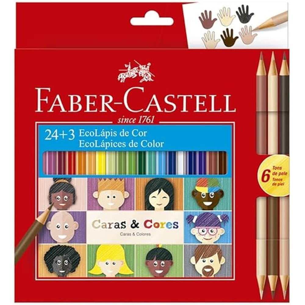 Lapis de Cor Ecolápis Caras & Cores 24 Cores + 3 Tons de Pele Faber-Castell,