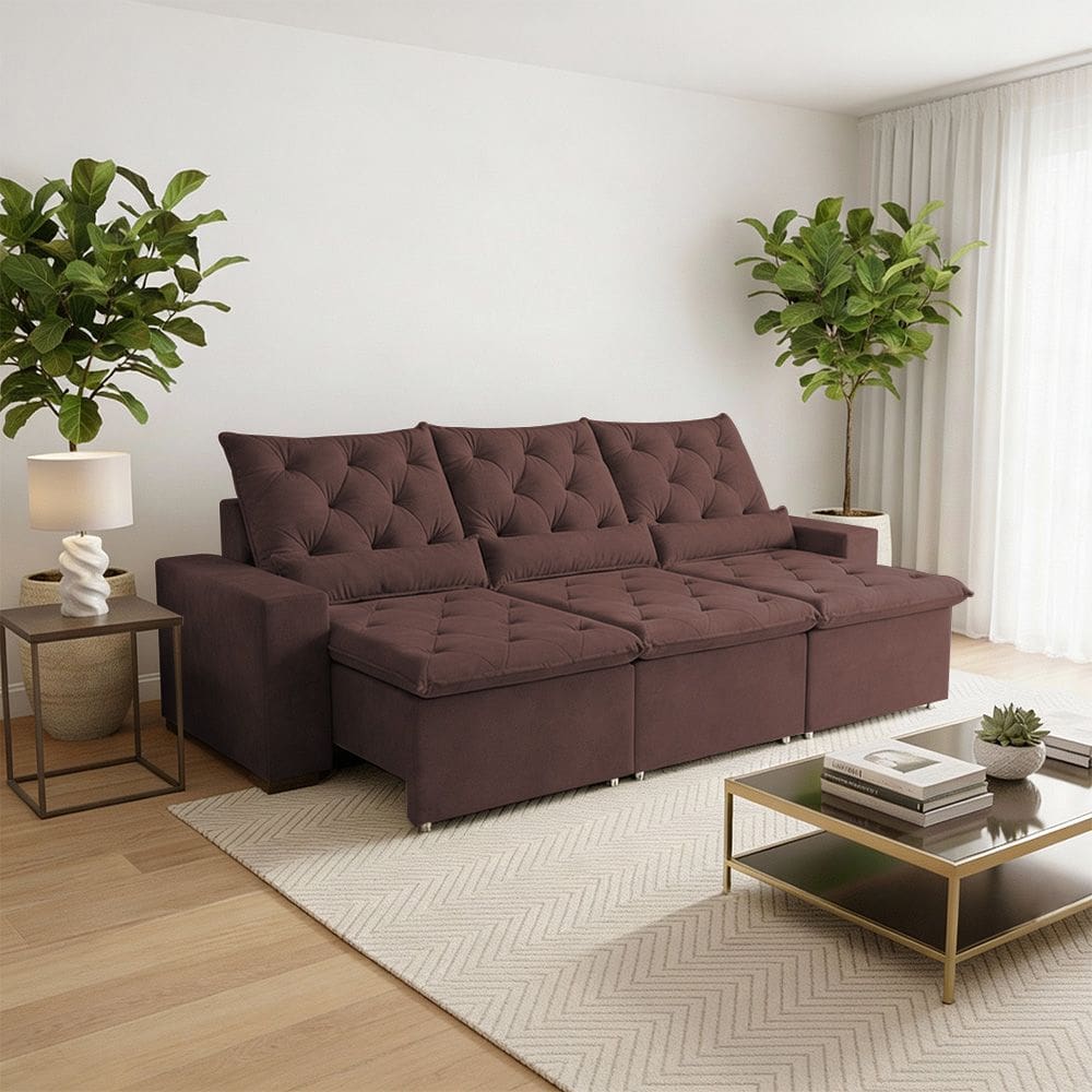 Sofá Retrátil Deluxe 230m 3 Lugares em Suede com Máximo Conforto Milão Marrom
