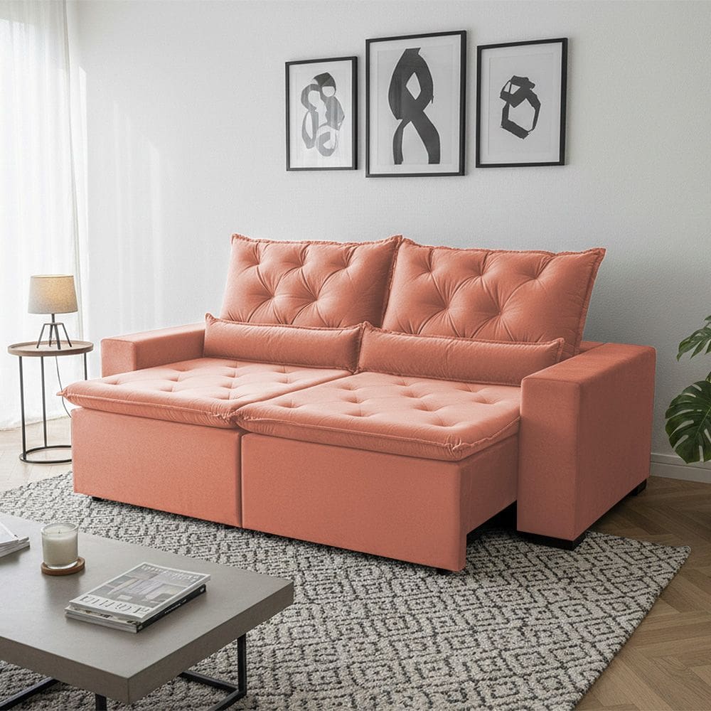 Sofá Retrátil Design Laranja 150m Tecido Suede Reforçada Reclinável 2 Módulos Milão Laranja