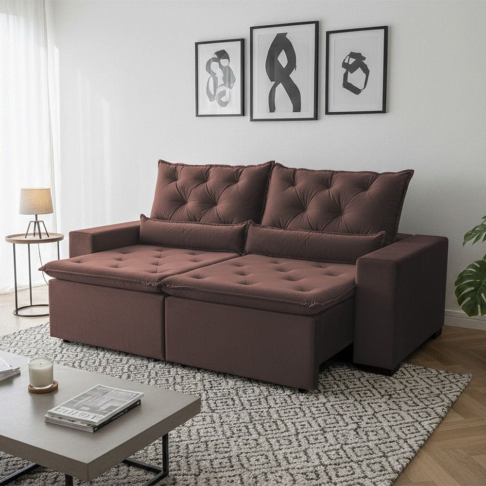 Sofá Retrátil Premium 150m em Suede Reclinável e com 2 Módulos Milão Marrom