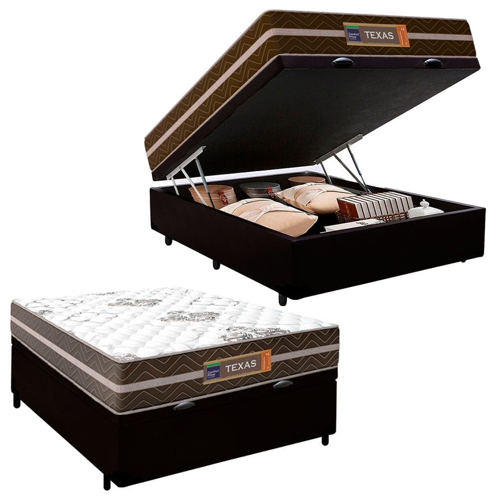 Cama Box Baú Casal Sintético + Colchão Molas Ensacadas Texas Prime Colchões 138cm Preto - Suporta Até 120 Kg Por Pessoa