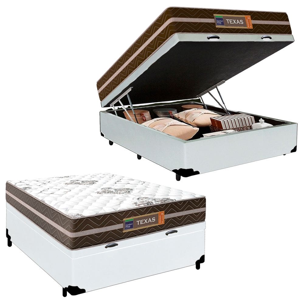 Cama Box Baú Casal Sintético + Colchão Molas Ensacadas Texas Prime Colchões 138cm Branco - Suporta Até 120 Kg Por Pessoa