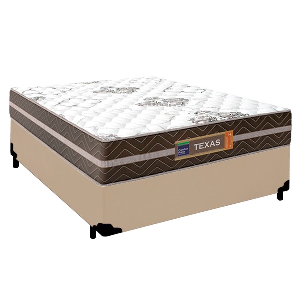 Cama Box Casal Sintético + Colchão Molas Ensacadas Texas Prime Colchões 138cm Bege - Suporta Até 120 Kg Por Pessoa