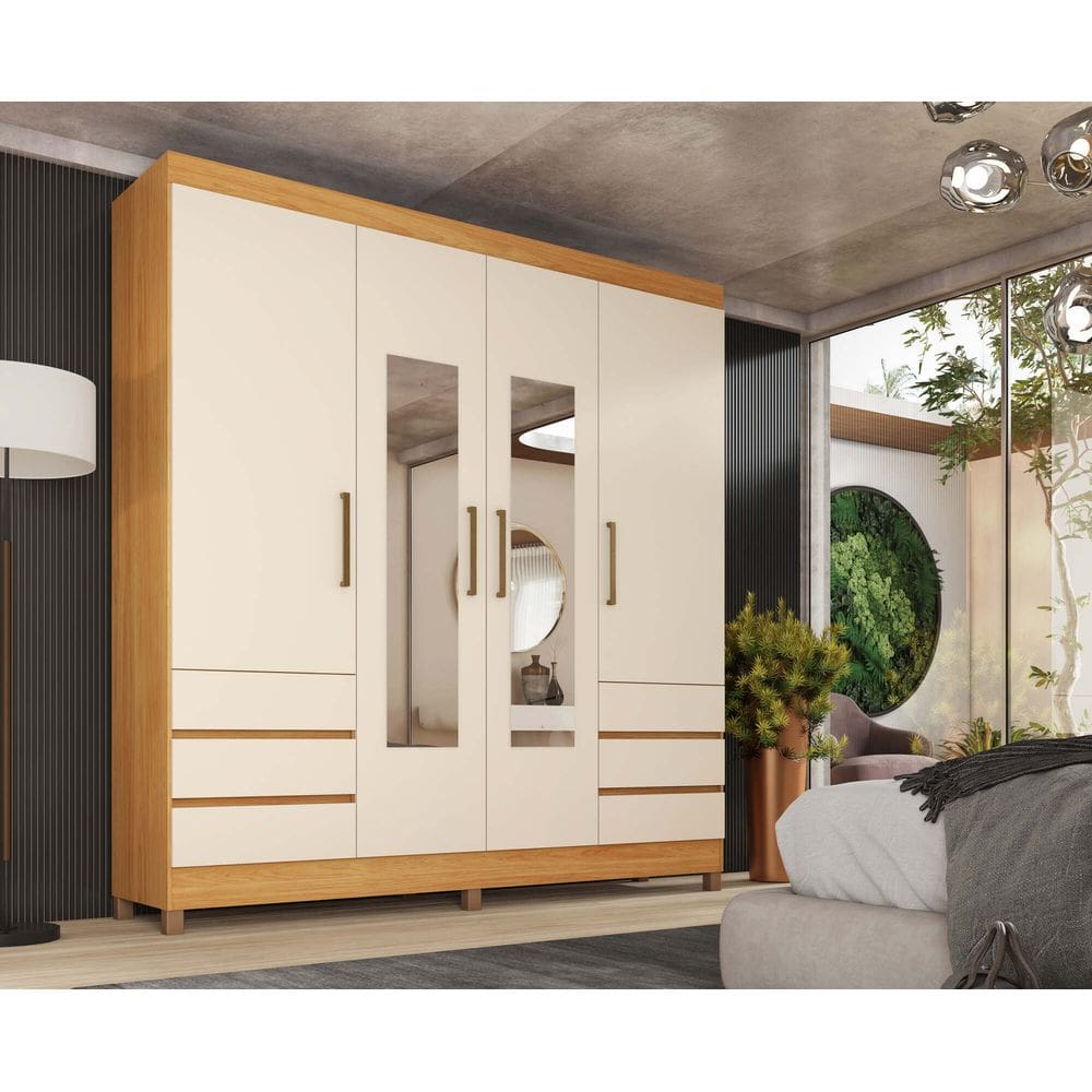 Guarda-Roupa Casal Roma 4 Portas com Espelho 6 Gavetas Cinamon Touch/Off White | MDP