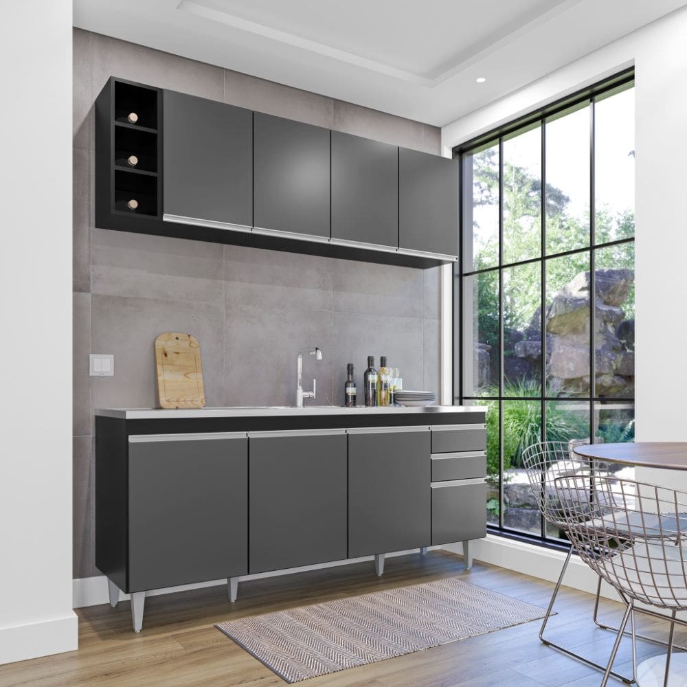 Cozinha Compacta Ágatha 180cm 8 Portas 2 Gavetas Preto Grafite Maderatto Móveis