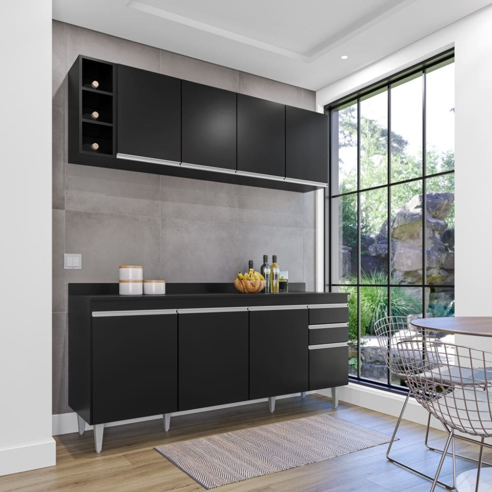 Cozinha Compacta Ágatha 180cm 8 Portas 2 Gavetas com Tampo Preto Maderatto Móveis