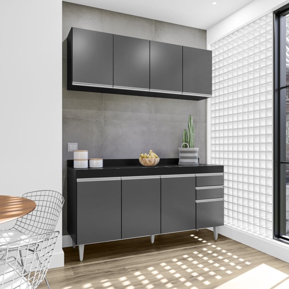 Cozinha Compacta Lorena 160cm 8 Portas 2 Gavetas com Tampo Preto Grafite Maderatto Móveis