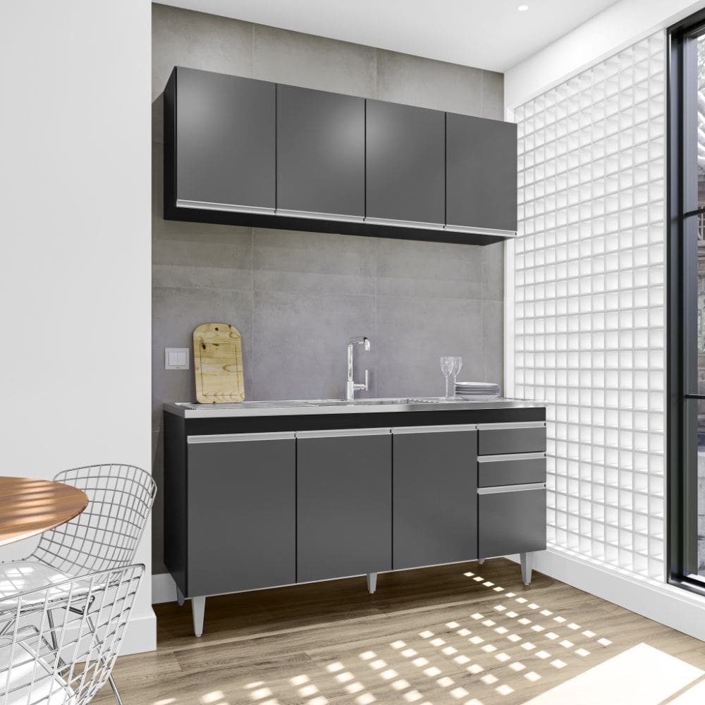 Cozinha Compacta Lorena com Pia e Cuba GhelPlus 160cm 8 Portas 2 Gavetas Preto Grafite Maderatto Móveis