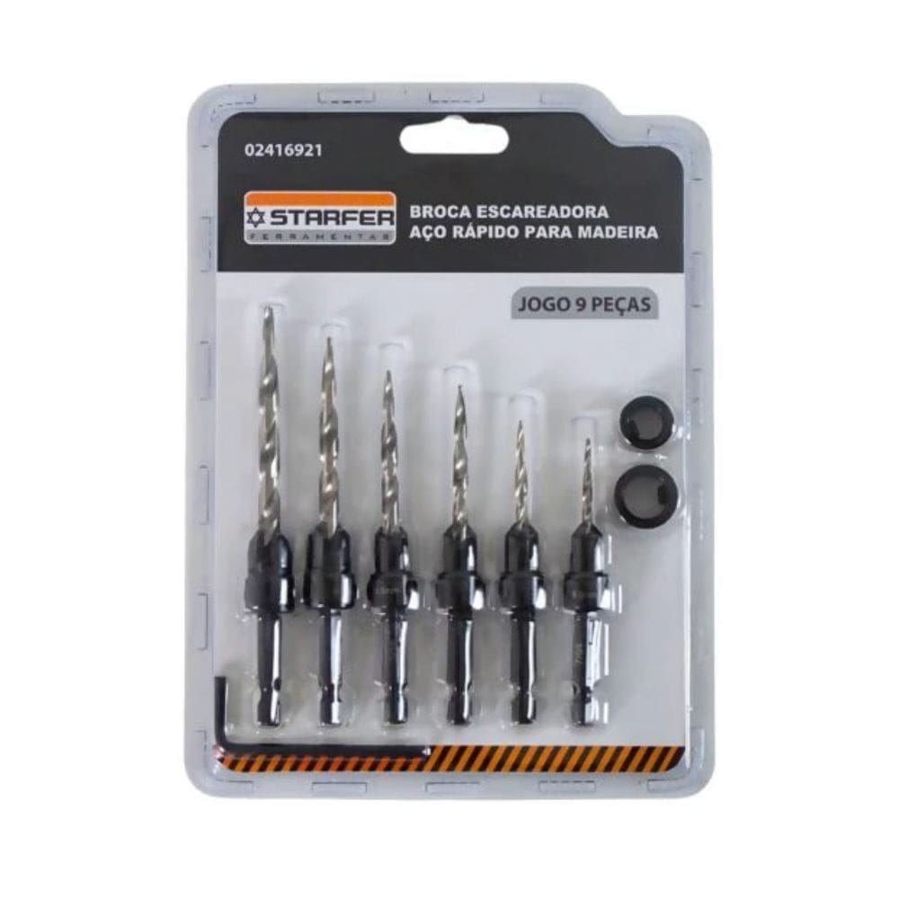 Jogo De Broca Escareadora Em Aço Rápido Hss Para Madeira MDF 9 Peças Com Anéis Limitadores De Profundidade E Chave Ajuste