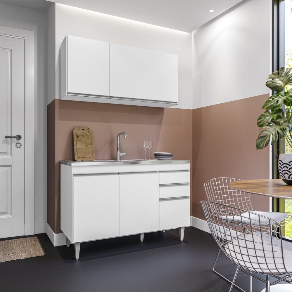 Kit de Cozinha Melissa com Pia e Cuba GhelPlus 120cm 6 Portas 2 Gavetas Branco Maderatto Móveis