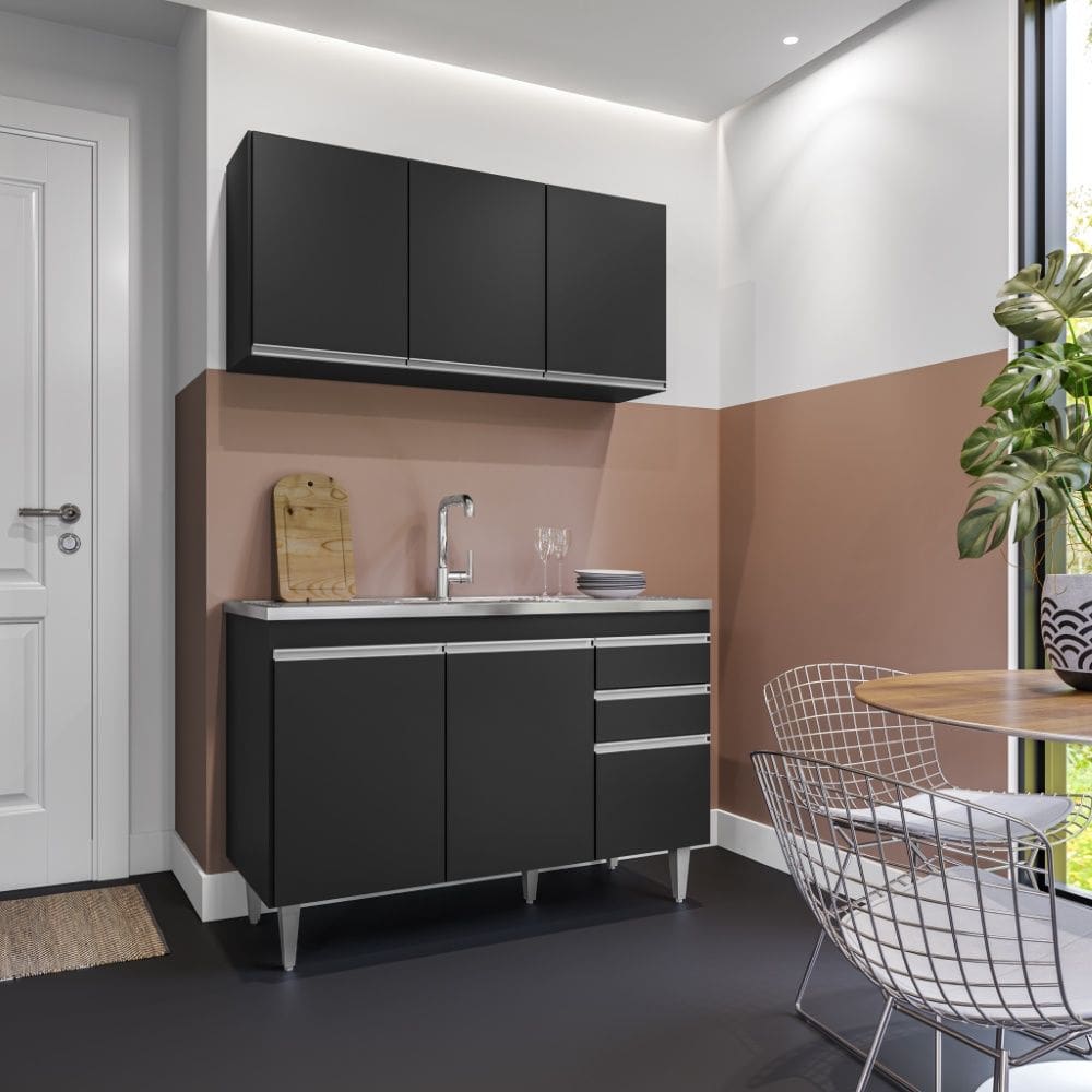 Kit de Cozinha Melissa com Pia e Cuba GhelPlus 120cm 6 Portas 2 Gavetas Preto Maderatto Móveis