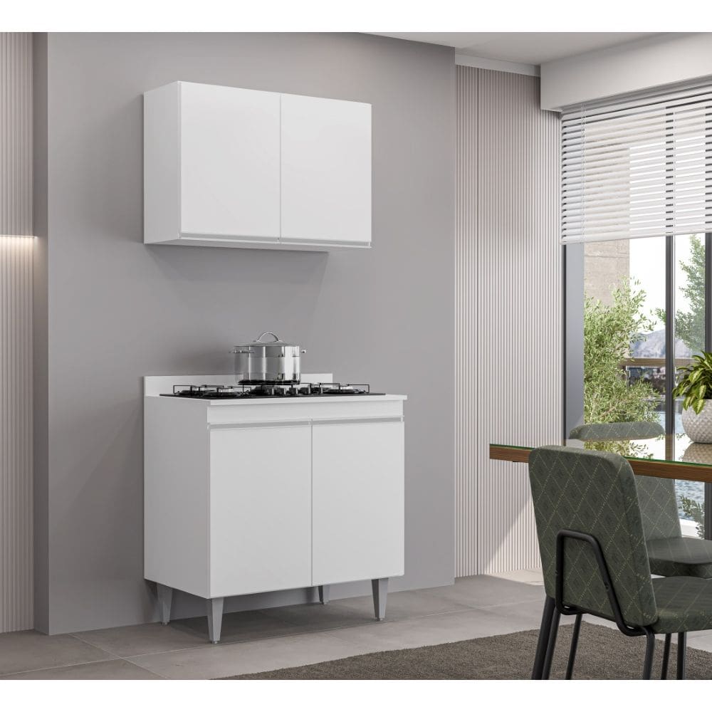 Kit Balcão Cooktop e Armário Aéreo Ellen 4 Portas Branco Maderatto Móveis
