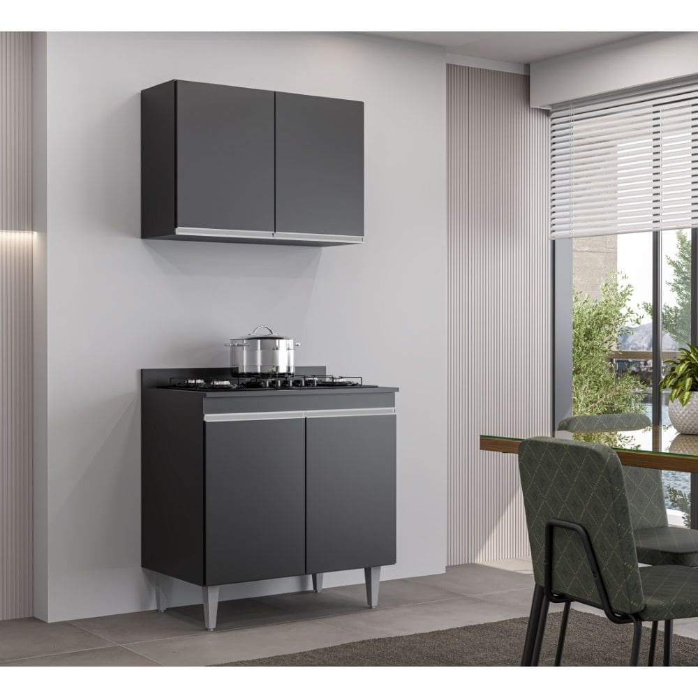 Kit Balcão Cooktop e Armário Aéreo Ellen 4 Portas Preto Maderatto Móveis