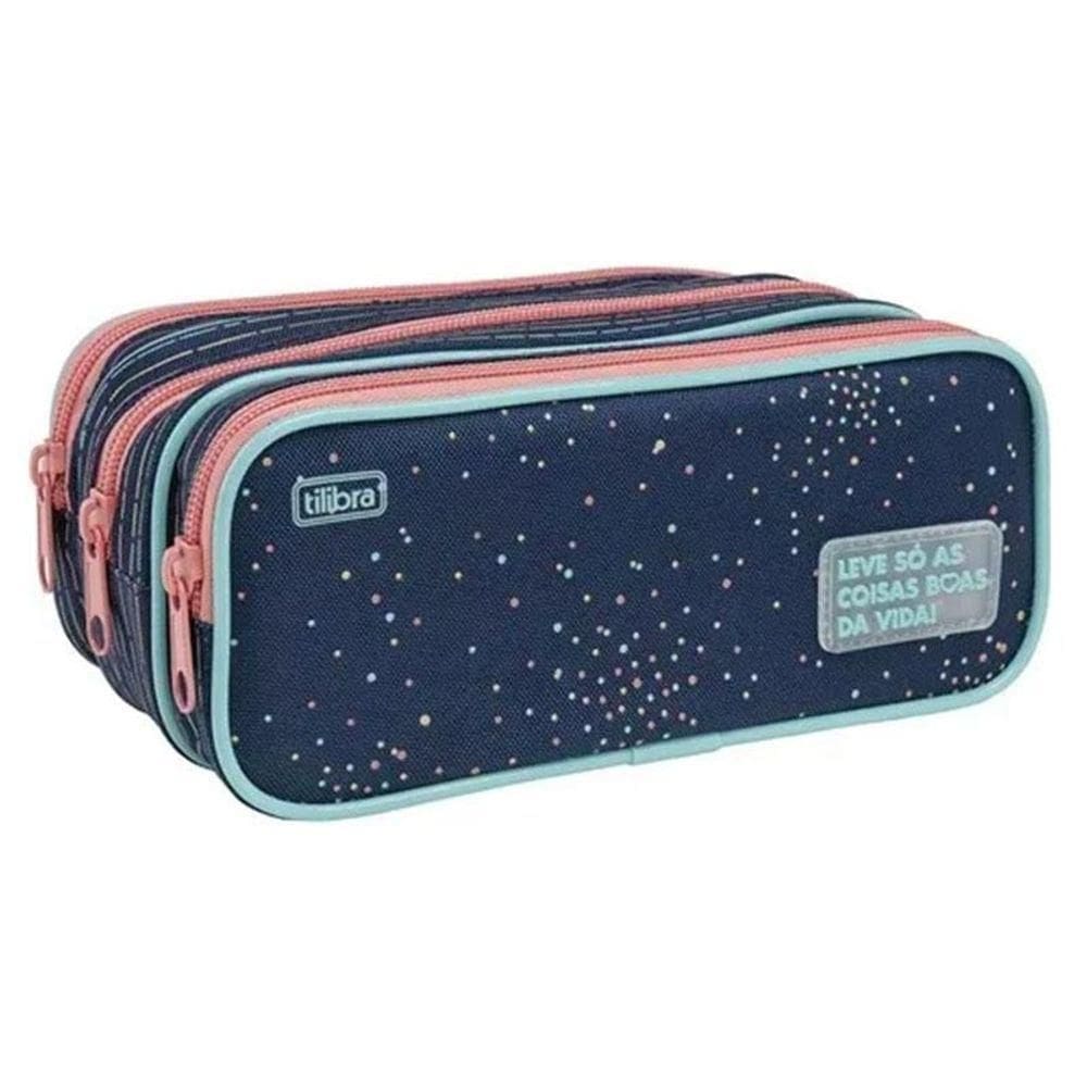 Estojo Escolar Infantil Triplo Académie Dots Azul - Tilibra