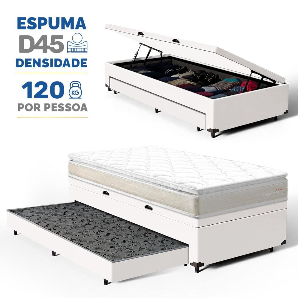 Cama Box Baú com Colchão de Espuma D45 Pillow Top Ortopédico Domo + Auxiliar Solteiro 88cm