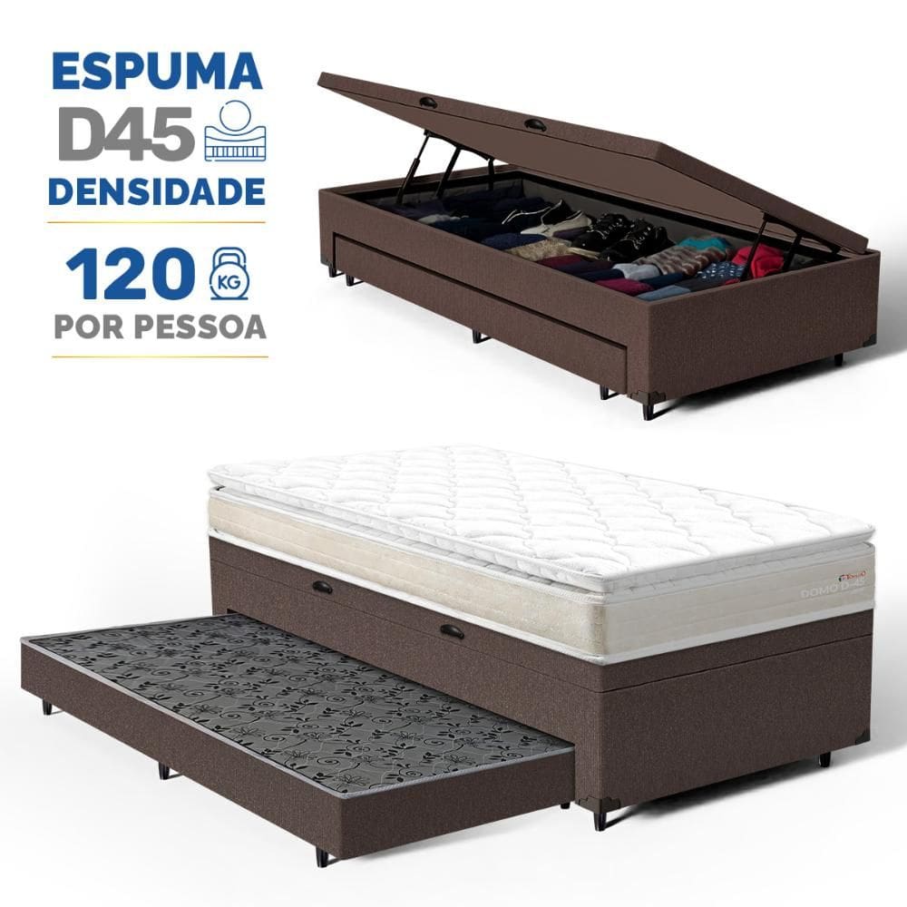Cama Box Baú com Colchão de Espuma D45 Pillow Top Ortopédico Domo + Auxiliar Solteiro 88cm